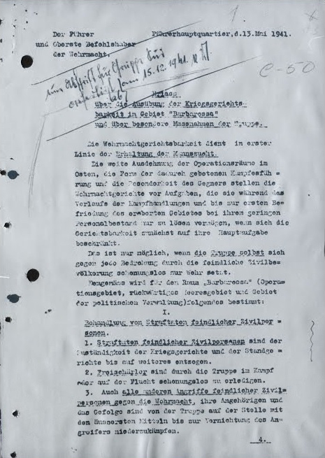 What was the gist of the so-called “Barbarossa decree,” a document issued by Field Marshal Wilhelm Keitel, chief of the German High Command, before the German invasion of the Soviet Union, with the idea originating with Adolf Hitler?